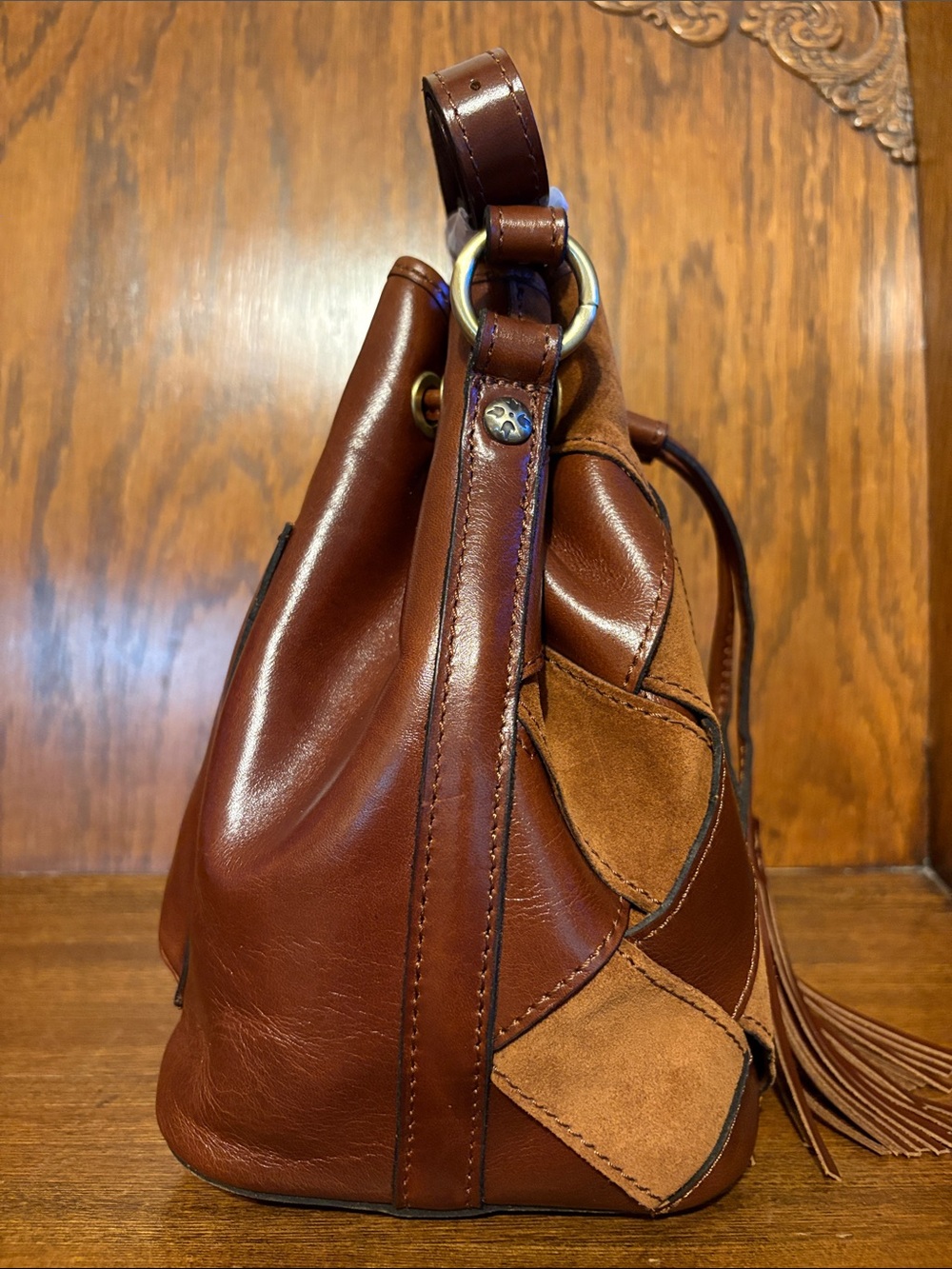 NWT-Patricia Nash-Bellona Bucket Bag-Suede Leather Weave Design-Cognac-$249 - Picture 6 of 15